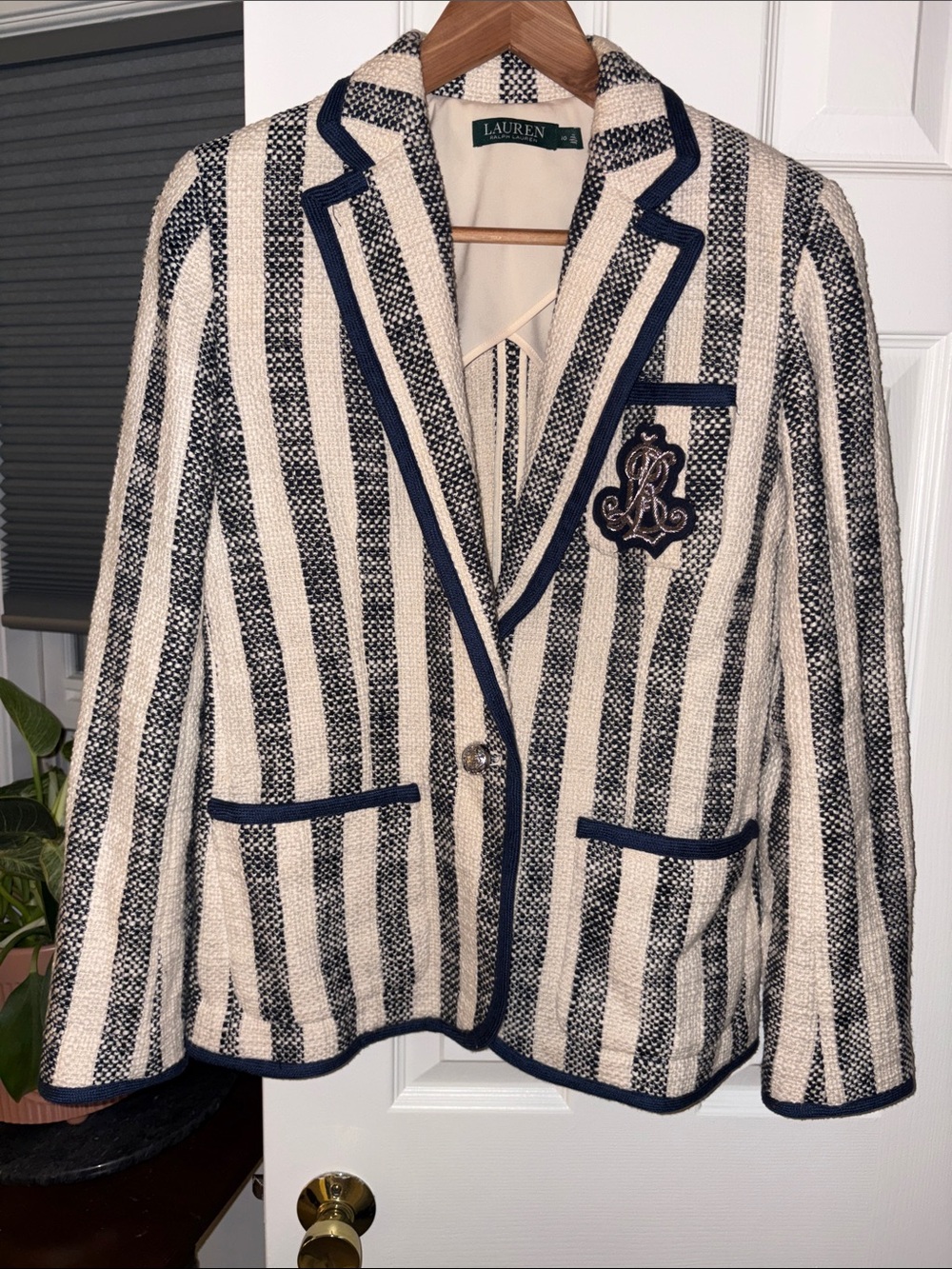Lauren Ralph Lauren Navy-Trimmed Cream Striped Blazer